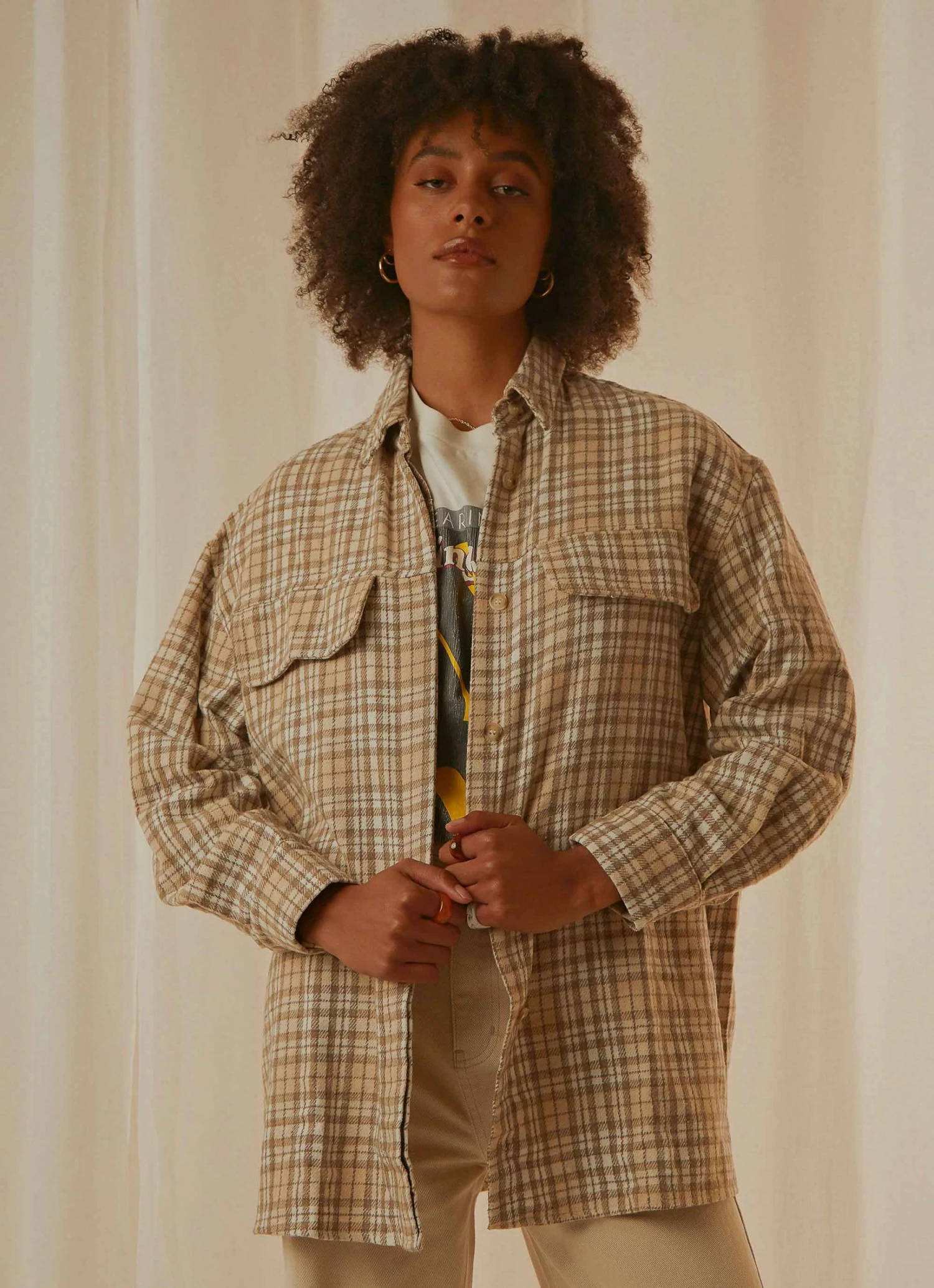 4th & Reckless New & Most Loved Coralie Shirt - Beige And White Check 3 4th & Reckless New & Most Loved Coralie Shirt - Beige And White Check