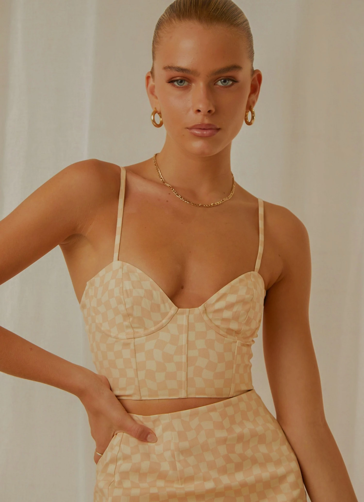 Peppermayo Exclusive Sunday Girl Bustier Crop - Neutral Check 2 Peppermayo Exclusive Sunday Girl Bustier Crop - Neutral Check