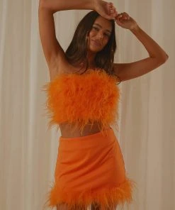 Peppermayo Exclusive The Night Is Ours Feather Crop Top - Tangerine New & Most Loved