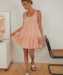 Peppermayo Facing The Sun Mini Dress - Peach Gingham New Dresses