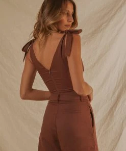 Peppermayo Exclusive New & Most Loved Parisian Life Linen Bustier Crop - Choc Brown