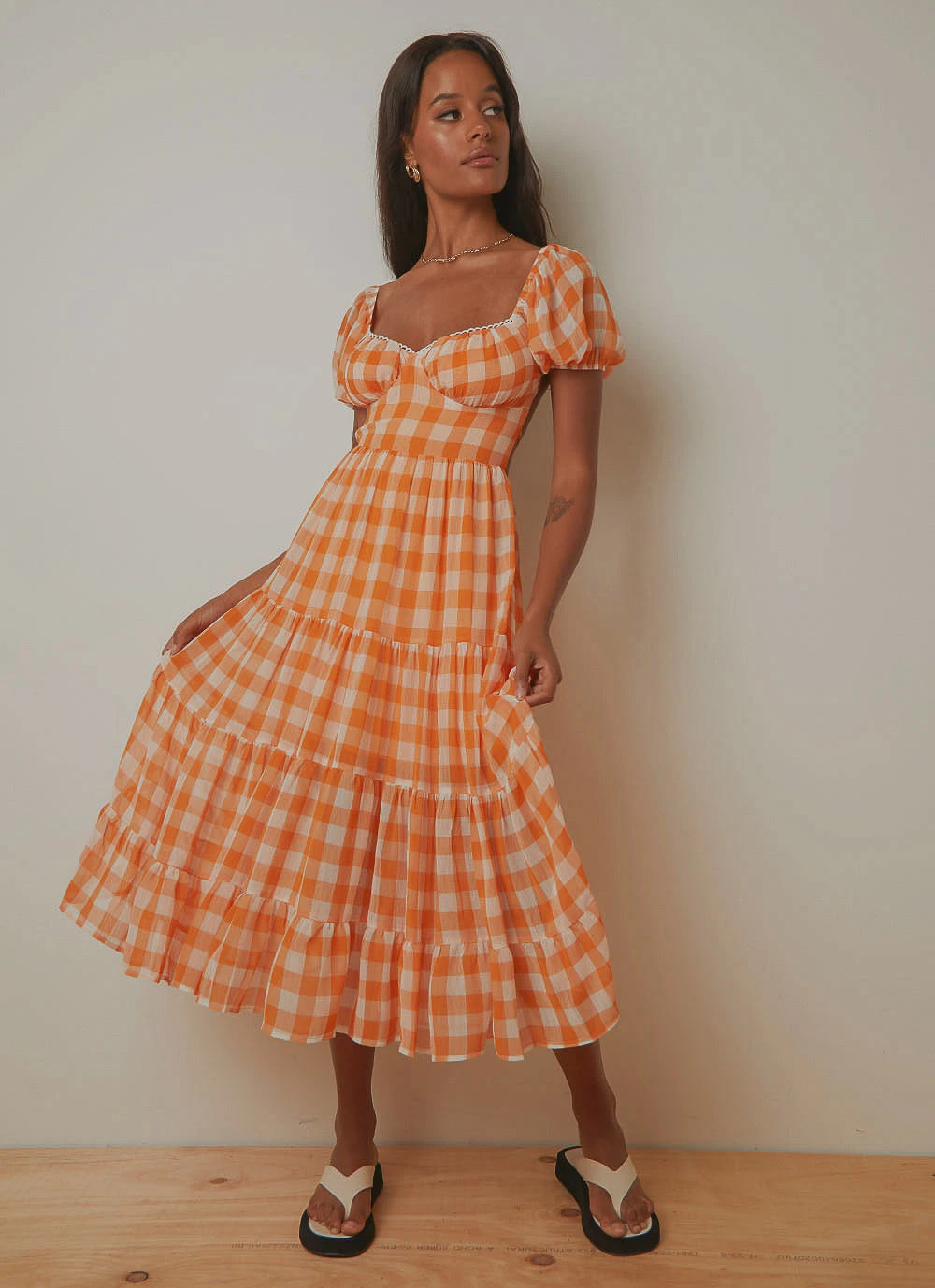 Peppermayo Blissful Midi Dress - Orange Check 1 Peppermayo Blissful Midi Dress - Orange Check