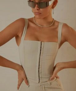 Peppermayo Exclusive Mia Suit Bustier - Stone Pinstripe - Pre-Order