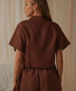 Peppermayo Exclusive Slumber Linen Crop Shirt - Choc Brown