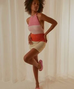 Peppermayo Exclusive New & Most Loved Last Sunset Hour Crochet Mini Dress - Pink Orange Splice