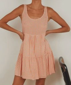 Peppermayo Facing The Sun Mini Dress - Peach Gingham New Dresses