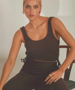 4th & Reckless New & Most Loved Annoushka Ruched Side Top - Chocolate Rib Jersey