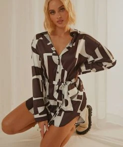 Peppermayo Exclusive Faye Mini Shirt Dress - Black And White Geo
