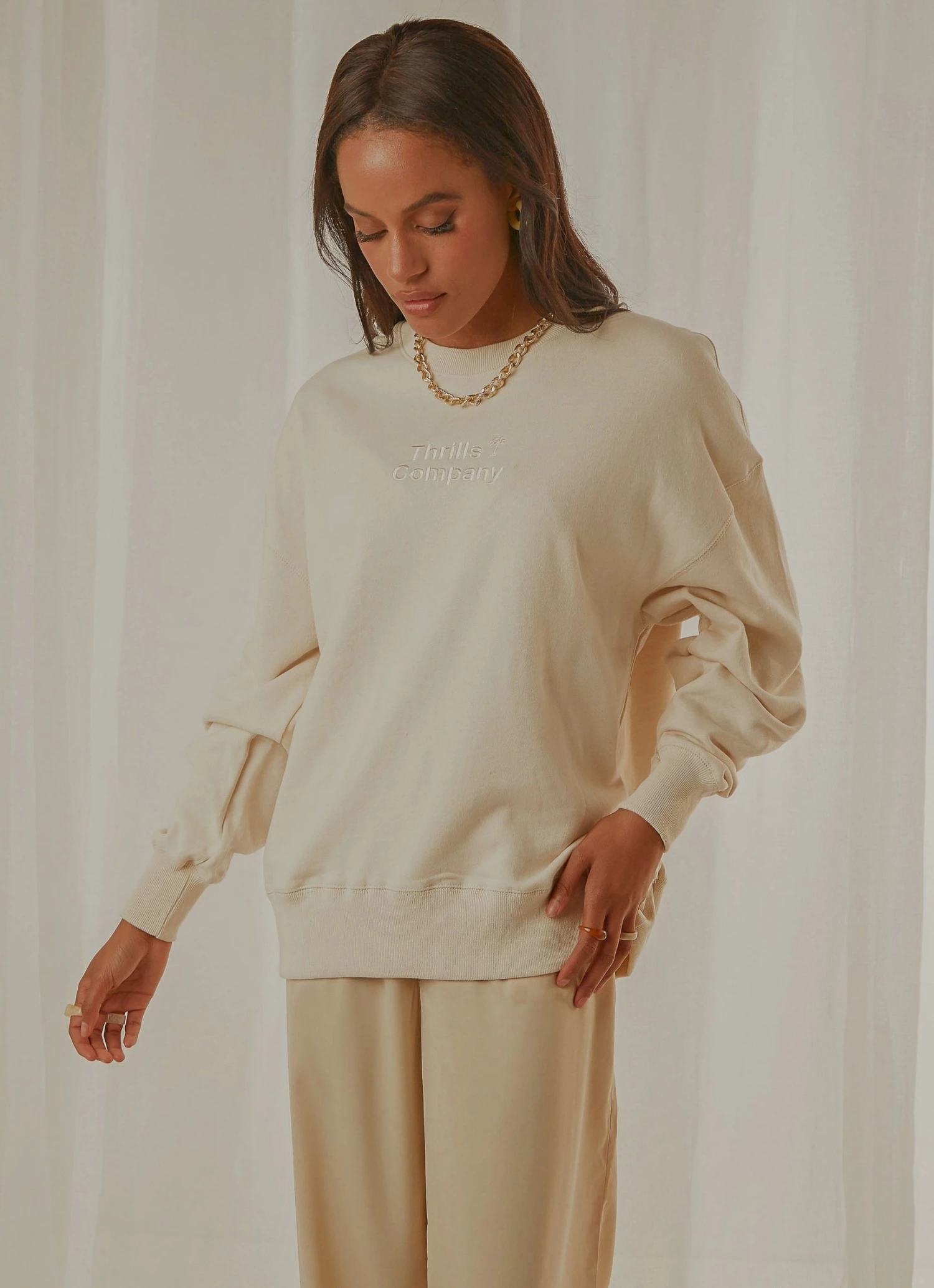 Tonal Stacked Thrills Company Slouch Fit Crew - Unbleached 3 Tonal Stacked Thrills Company Slouch Fit Crew - Unbleached