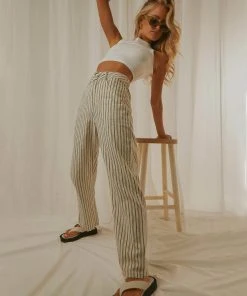 Afends Shelby Hemp Stripe Twill Wide Leg Pant - Cream New & Most Loved