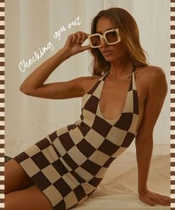 Peppermayo Exclusive The Groove Knit Halter Dress - Choc Check New & Most Loved