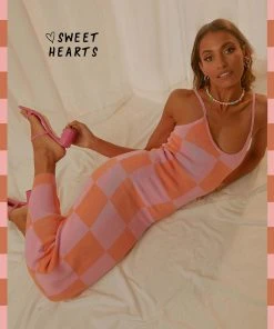 Peppermayo Exclusive Cali Sweetheart Knit Maxi Dress - Pink And Orange Checkers