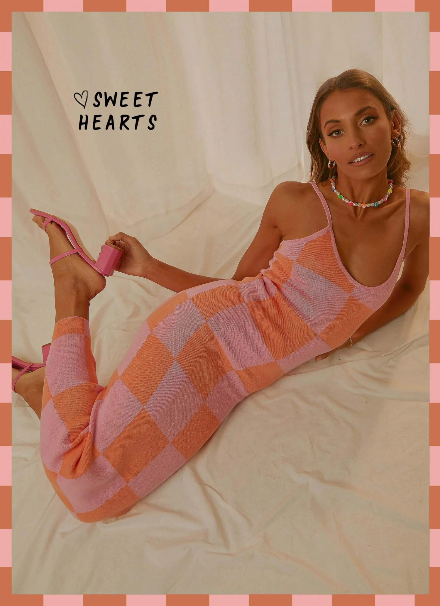 Peppermayo Exclusive Cali Sweetheart Knit Maxi Dress - Pink And Orange Checkers 1 Peppermayo Exclusive Cali Sweetheart Knit Maxi Dress - Pink And Orange Checkers