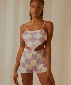 Peppermayo Exclusive Cancun Crochet Halter Top - Lilac Check New & Most Loved