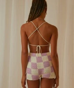 Peppermayo Exclusive Cancun Crochet Halter Top - Lilac Check New & Most Loved