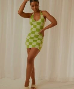 Peppermayo Exclusive New & Most Loved The Groove Knit Halter Dress - Lime Checkers