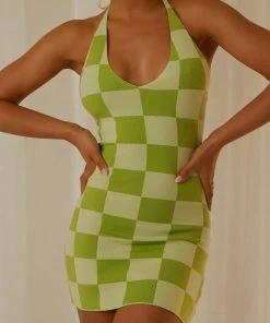 Peppermayo Exclusive New & Most Loved The Groove Knit Halter Dress - Lime Checkers
