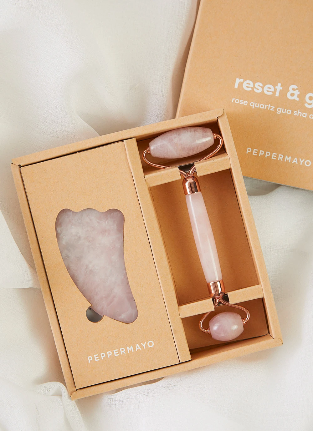 Peppermayo Exclusive New & Most Loved Gua Sha & Roller Set - Rose Quartz 1 Peppermayo Exclusive New & Most Loved Gua Sha & Roller Set - Rose Quartz