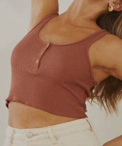 Nude Lucy Jade Button Front Waffle Tank - Pecan