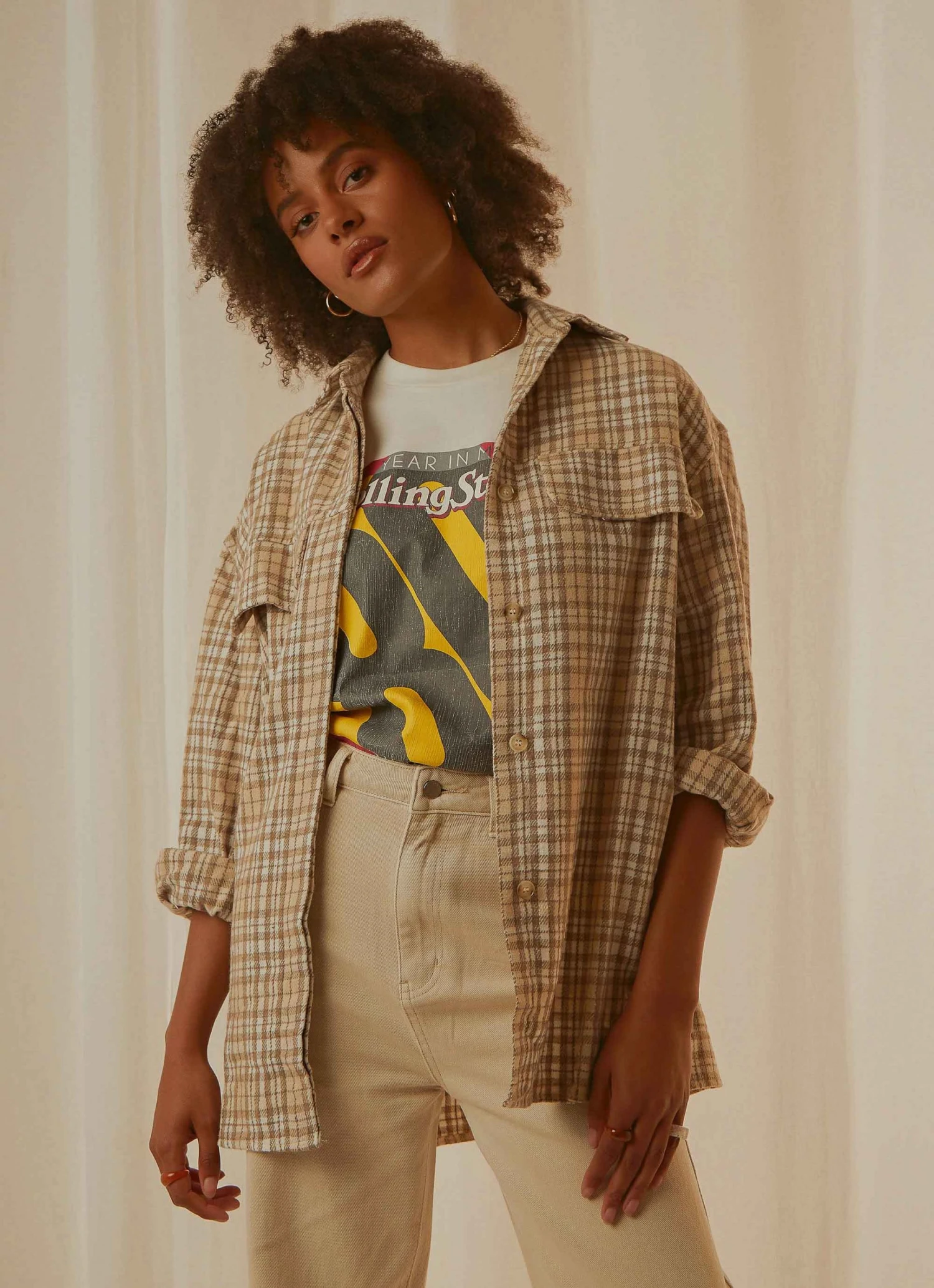 4th & Reckless New & Most Loved Coralie Shirt - Beige And White Check 1 4th & Reckless New & Most Loved Coralie Shirt - Beige And White Check