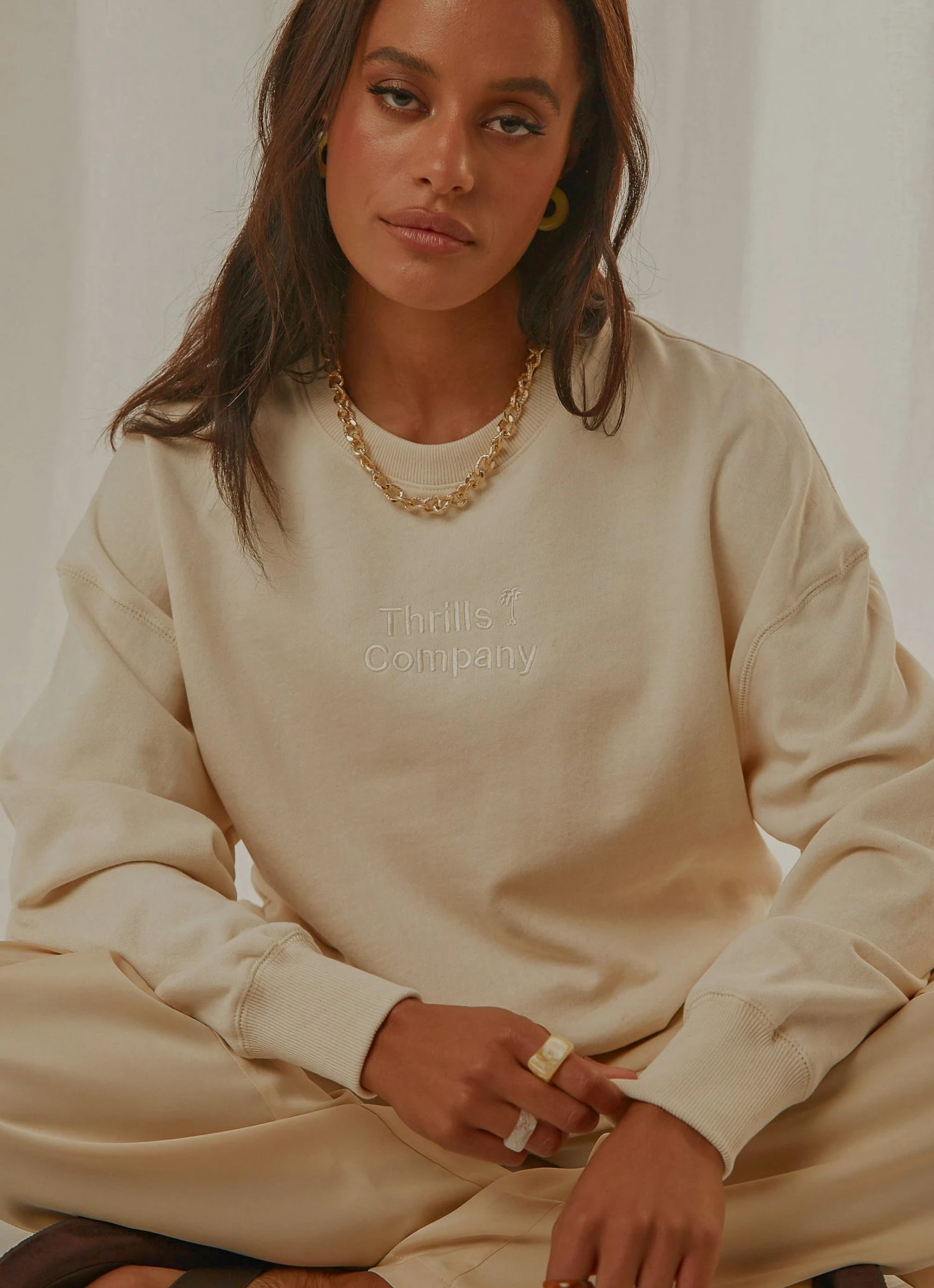 Tonal Stacked Thrills Company Slouch Fit Crew - Unbleached 1 Tonal Stacked Thrills Company Slouch Fit Crew - Unbleached