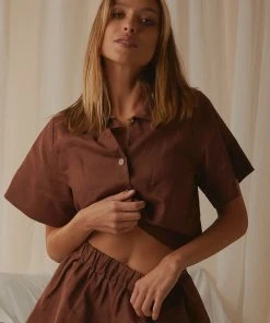 Peppermayo Exclusive Slumber Linen Crop Shirt - Choc Brown