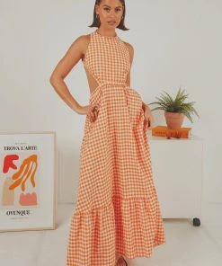 Peppermayo Exclusive New & Most Loved Sariska Maxi Dress - Orange Gingham