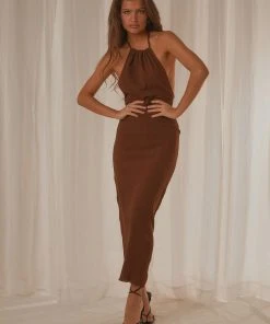 Peppermayo Exclusive Avoca Halter Maxi Dress - Choc Brown