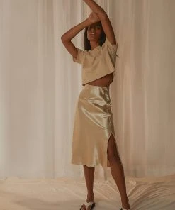 Peppermayo Summer Hues Satin Midi Skirt - Champagne New & Most Loved
