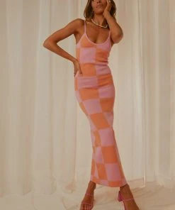 Peppermayo Exclusive Cali Sweetheart Knit Maxi Dress - Pink And Orange Checkers
