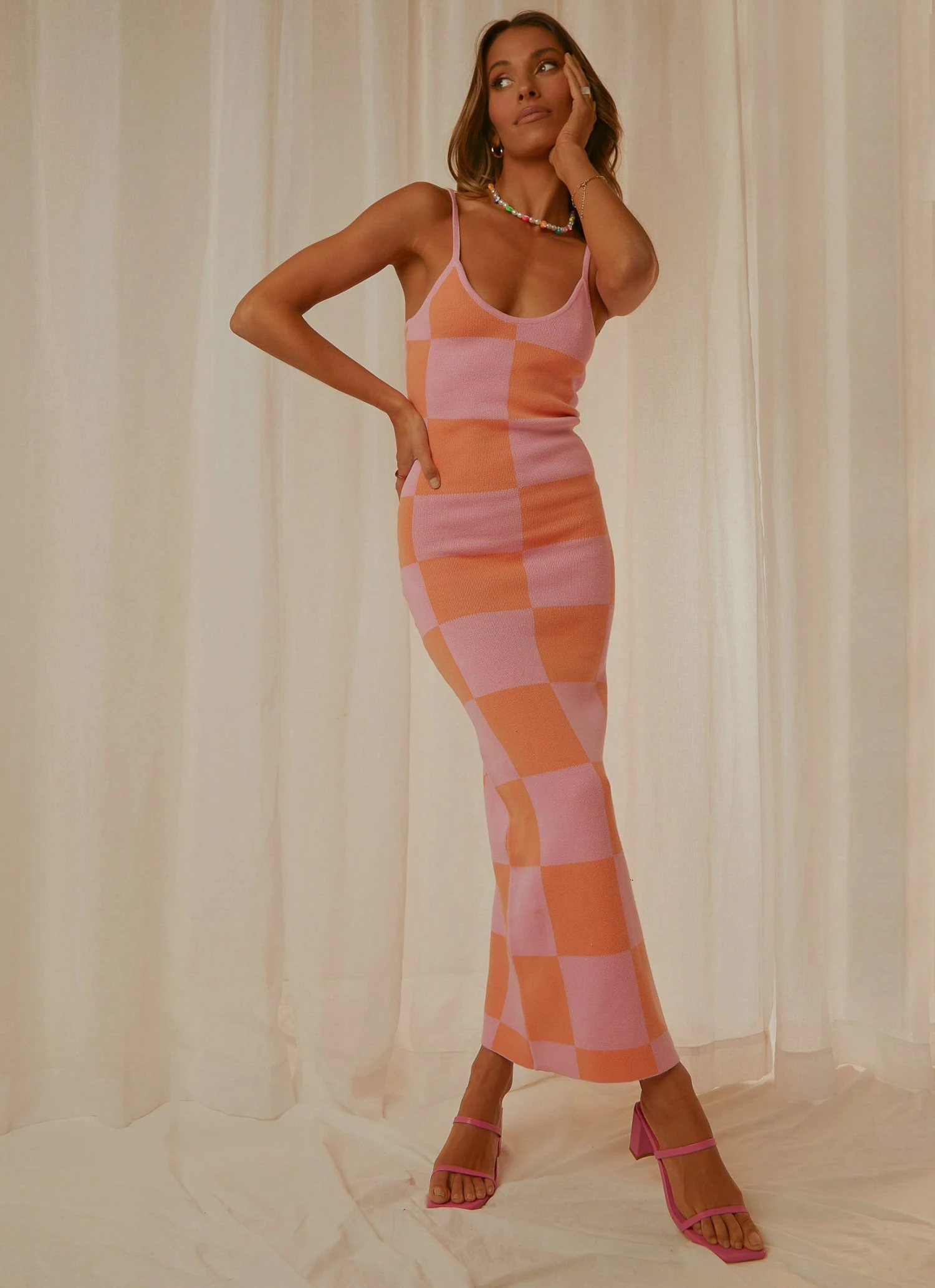 Peppermayo Exclusive Cali Sweetheart Knit Maxi Dress - Pink And Orange Checkers 2 Peppermayo Exclusive Cali Sweetheart Knit Maxi Dress - Pink And Orange Checkers