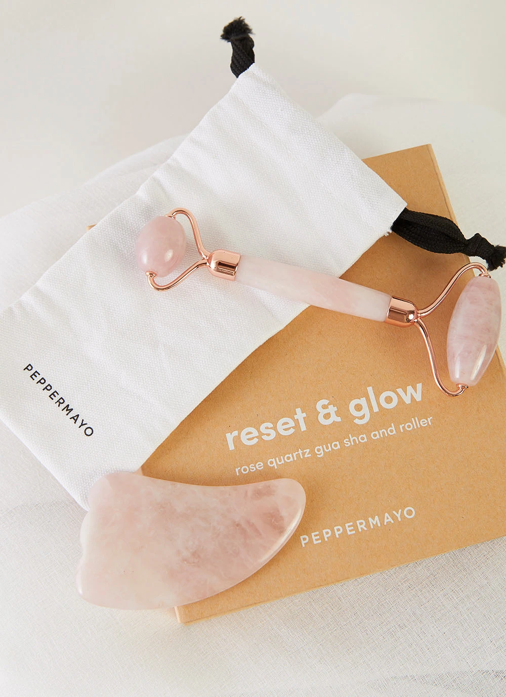 Peppermayo Exclusive New & Most Loved Gua Sha & Roller Set - Rose Quartz 2 Peppermayo Exclusive New & Most Loved Gua Sha & Roller Set - Rose Quartz
