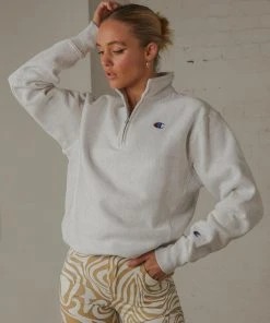 Champion Reverse Weave Boyfriend Quarter Zip Jumper - Silver Grey New & Most Loved