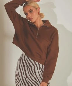 Peppermayo Exclusive Naya Quarter Zip Jumper - Choc Brown New & Most Loved