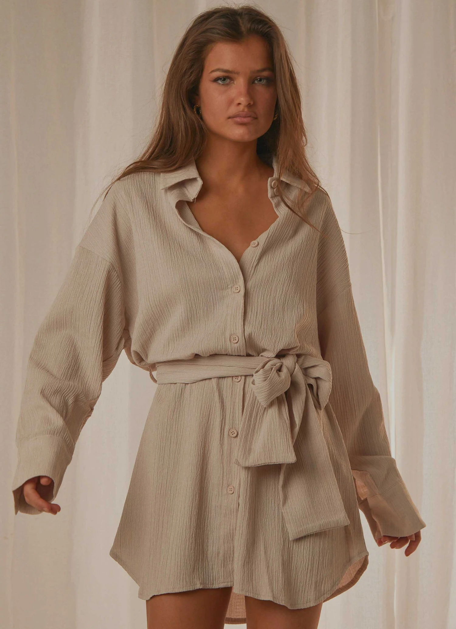 Peppermayo Exclusive Sianne Mini Shirt Dress - Taupe New & Most Loved 3 Peppermayo Exclusive Sianne Mini Shirt Dress - Taupe New & Most Loved
