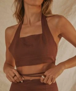 Peppermayo Exclusive Romantics Linen Halter Top - Choc Brown