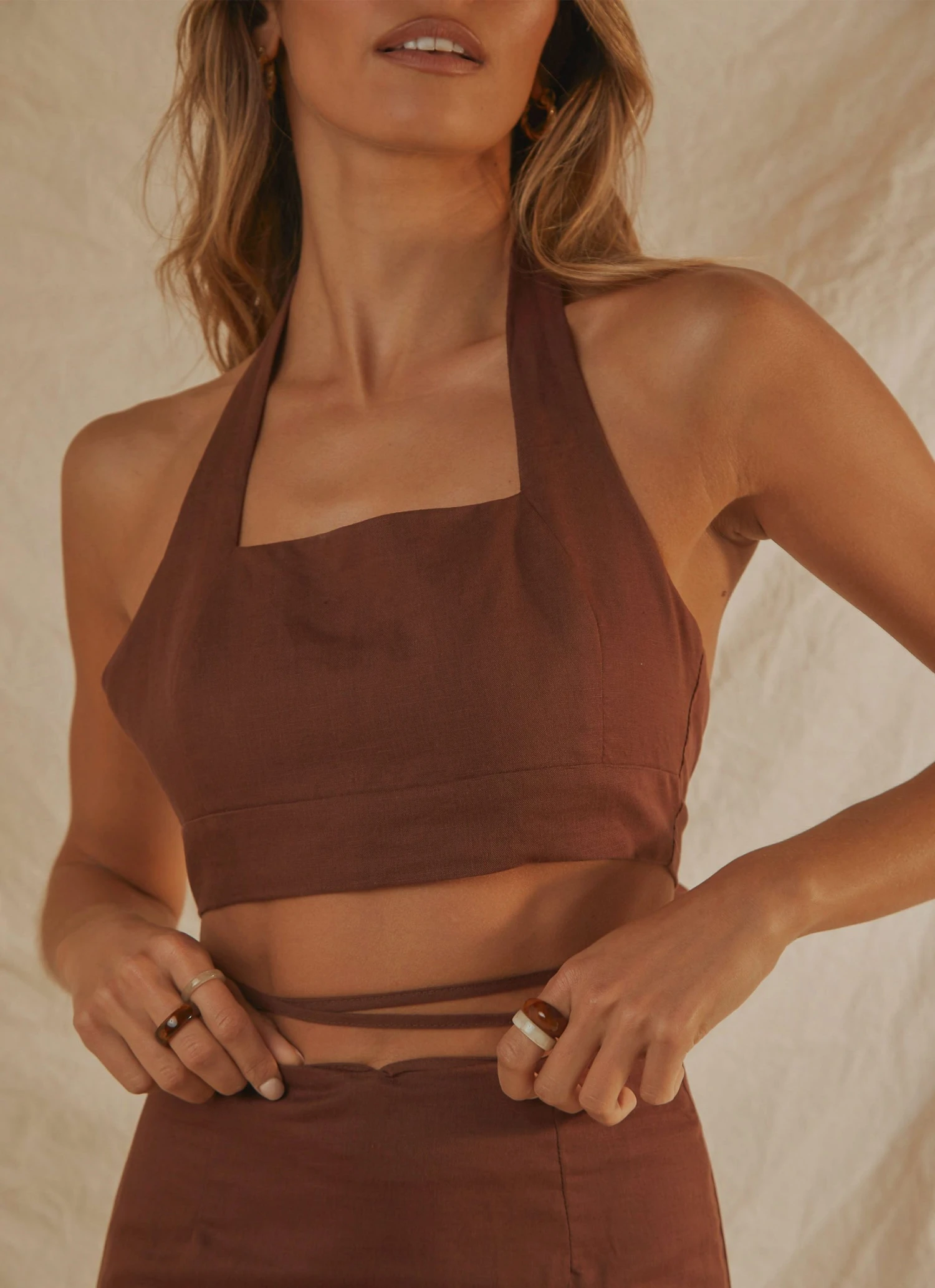 Peppermayo Exclusive Romantics Linen Halter Top - Choc Brown 1 Peppermayo Exclusive Romantics Linen Halter Top - Choc Brown