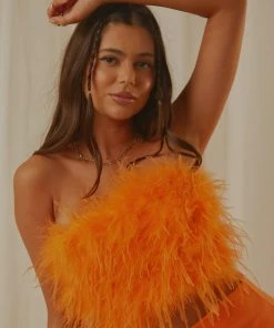 Peppermayo Exclusive The Night Is Ours Feather Crop Top - Tangerine New & Most Loved