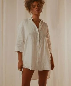 Nude Lucy New & Most Loved Nude Linen Lounge Shirt Dress - White